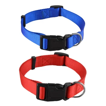 

2x Adjustable Nylon Dog Puppy Collar with Buckle and Clip for Lead (M, Blue&L, Red)