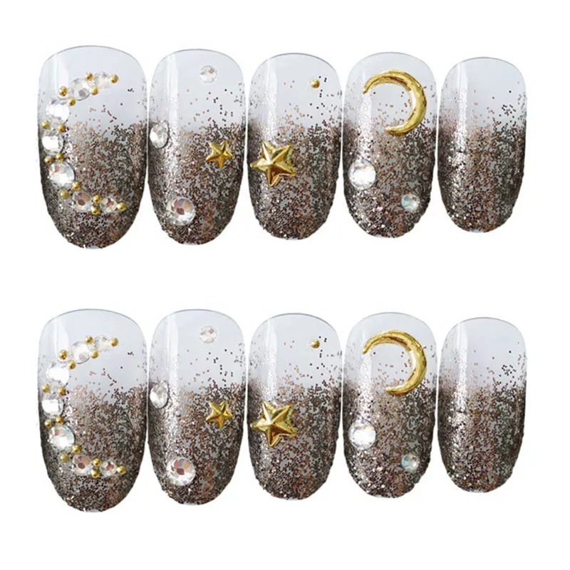 

24pcs faux nails Pre Design Exquisite Moon Star Paillette Fake Nails Short Round Head Shimmer Detachable False Nail Patches TN