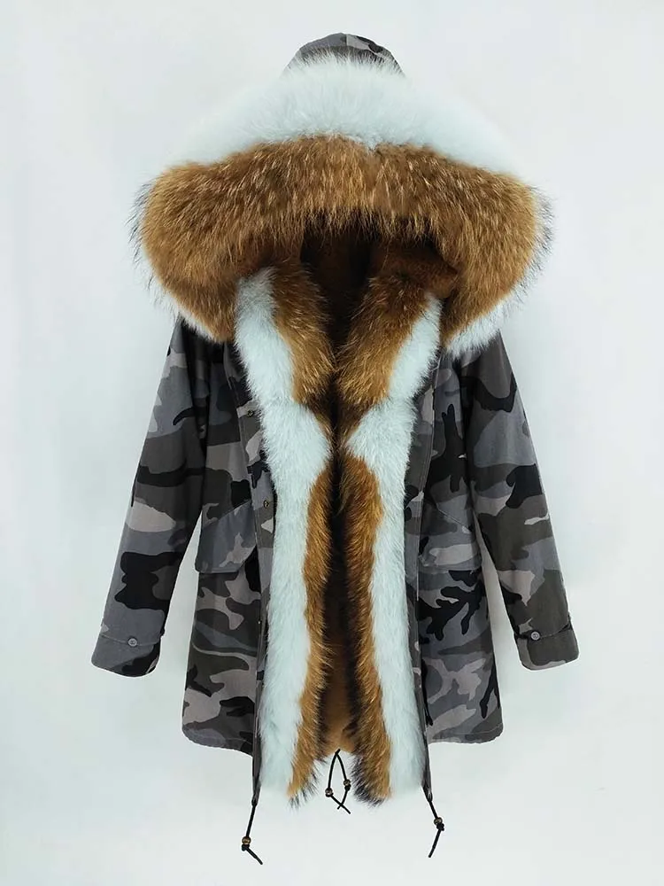 Длинная парка Furlove, пальто из натурального меха, зимняя куртка для женщин, натуральный мех енота, Лисий меховой капюшон, воротник, манжеты, толстая теплая верхняя одежда, новинка