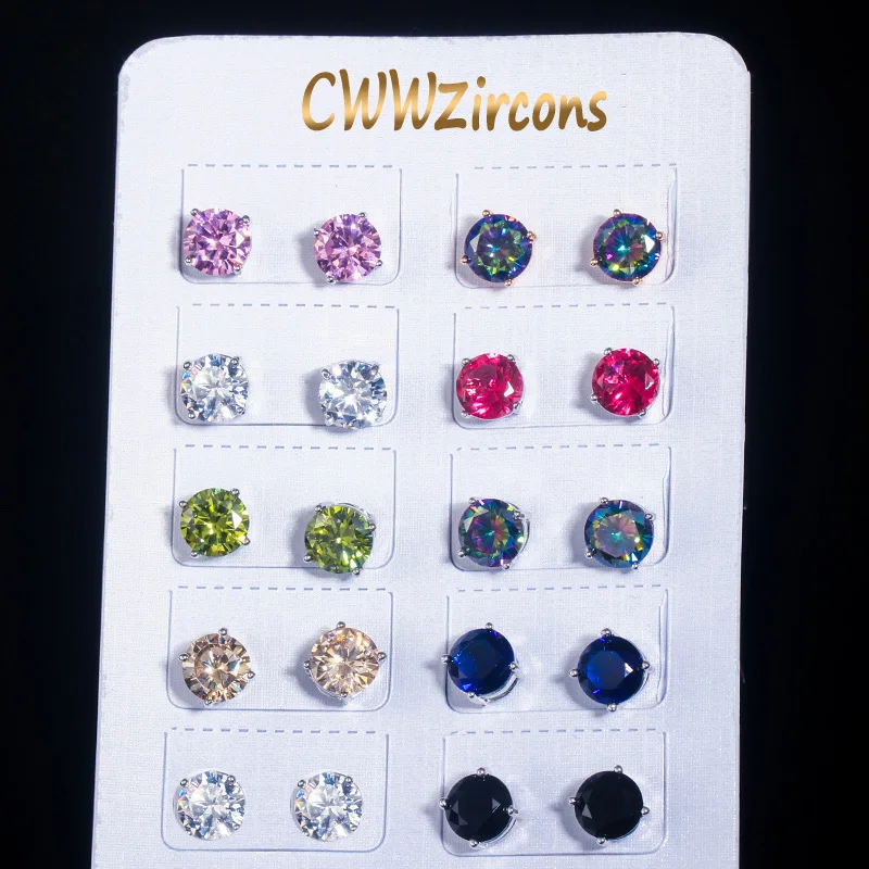 

CWWZircons 10 Pair Classic Fashion Shiny Round Cut Cubic Zirconia Earrings for Women Everyday Jewelry Gift Wholesale CZ680