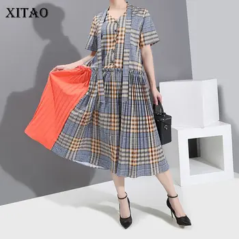 

XITAO Plaid Pleated Vintage Dress Fashion New Women Patchwork Print Pattern 2020 Sprint Elegant Small Fresh Style Dress DMY4125