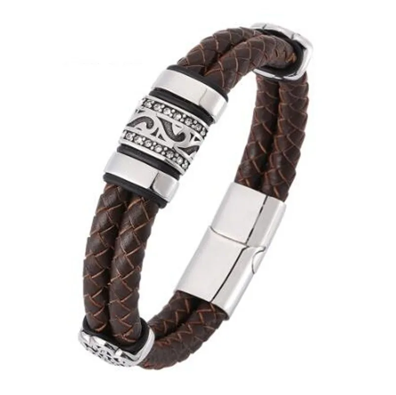 Double Layer Punk Brown Braided Leather Bracelet for Men Metal Magnetic Clasp