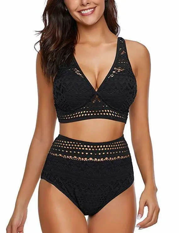 

Bikini Womens braid weave knit Halter Push Up Swimsuits Set High Waisted Bathing Suit Swimwear