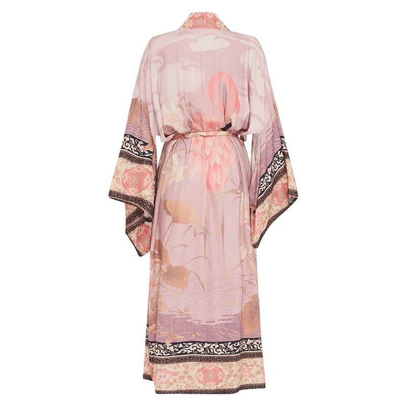 Everkaki Boho Цветочный принт пальто-кимоно женские пояса Розовый Цыганский осеннее женское длинное пальто-кимоно верхняя одежда женская Осень новинка