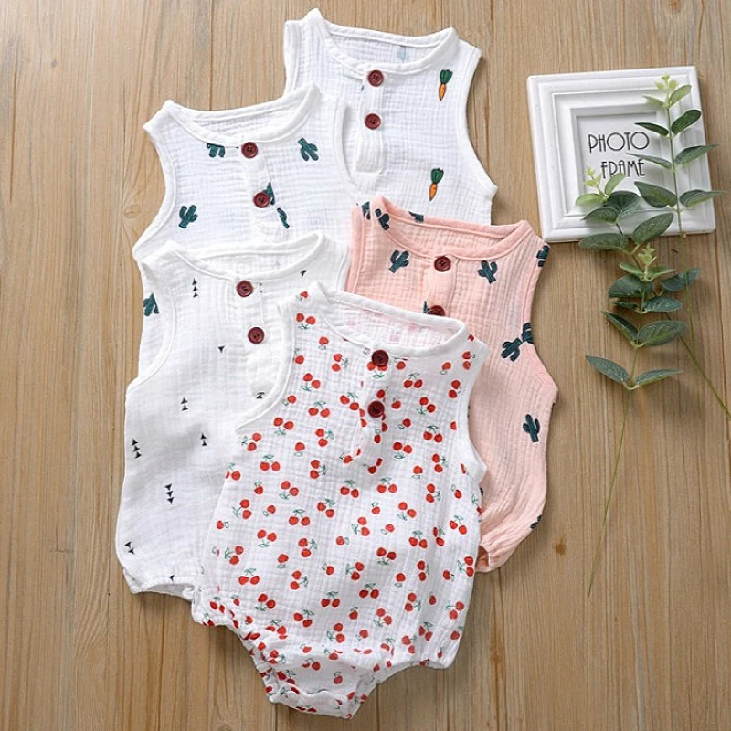 

2020 Summer Linen Cotton Newborn Baby Girls Rompers Cartoon Cute Girl Sleeveless Pajamas Breathable Print Children Clothing 0-2Y