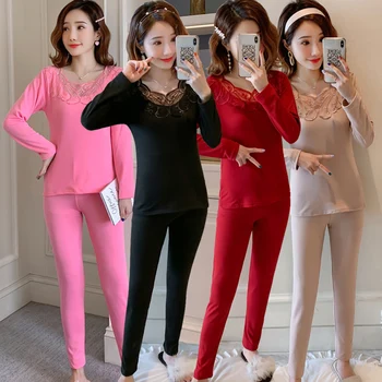 

2020 Autumn Winter Thermal Sexy Lace Lingerie Body Shaper Underwear Sets for Women Long Sleeve Warm Pajamas Sleepwear Bodysuit