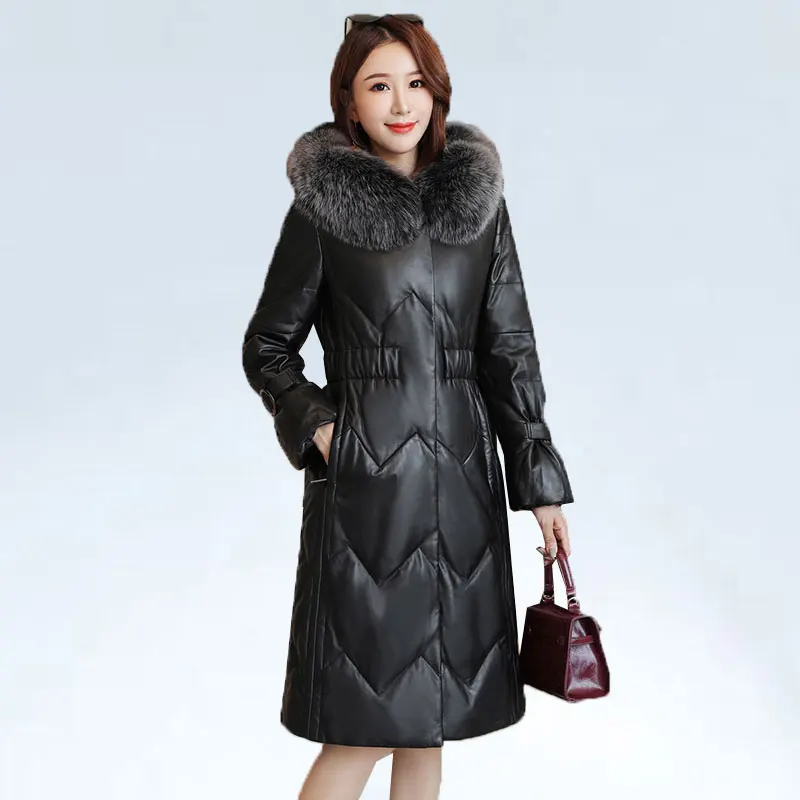 

High quality PU Leather Jacket Women Winter Down Jacket Natural fox fur collar Thick Warm Outerwear Hooded Cotton Coat Lady