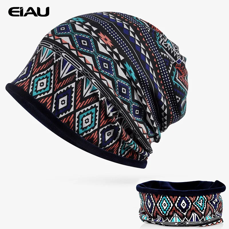 Мужские шапки Skullies с геометрическим узором, шапки двойного назначения, уличные Повседневные шапки, осенне-зимние теплые шапки унисекс плюс бархатная шапочка