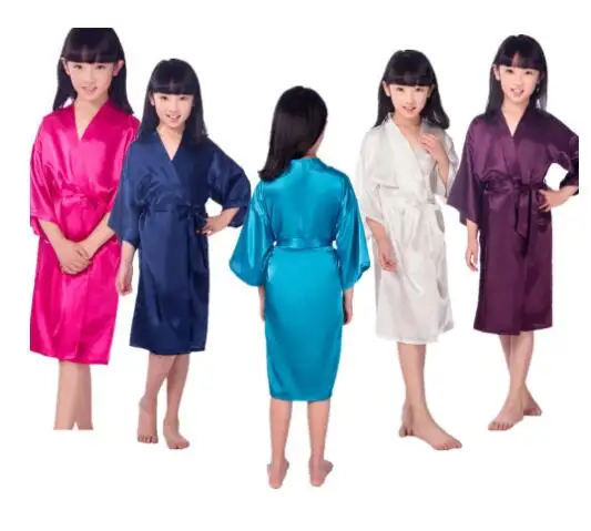 

Wholesale Girls Solid Silk Satin Kimono Robes Kids Children Bathrobe Sleepwear Bath Nightgown for Wedding Spa Party Birthday