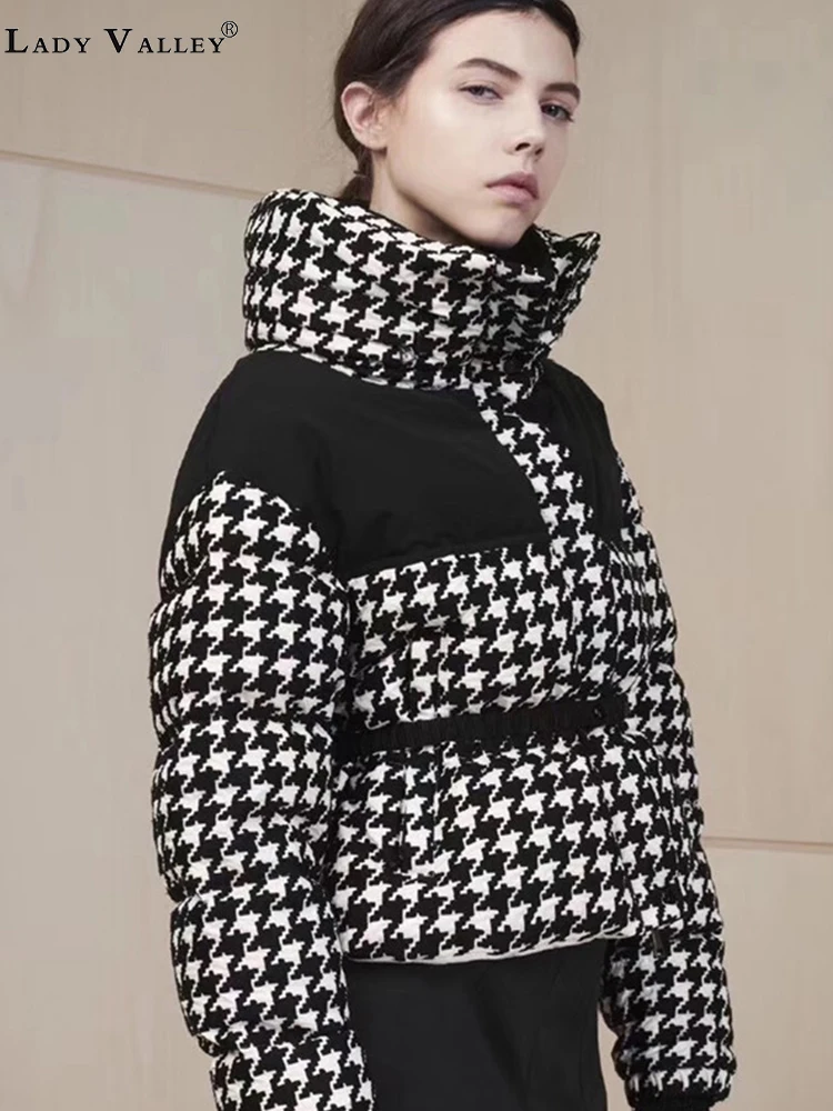 

Houndstooth Contrast Thicken Warm Cotton Jacket Women Winter New Ties Belt Waist Fashion Cotton Clothing Color matching Tops