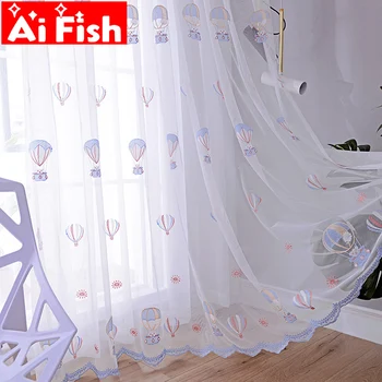 

Korean Cartoon Balloon with Cute Beer Embroidered Window Screen Tulle Curtains for Children's Bedroom Sheer Voile Fabric MY017-5
