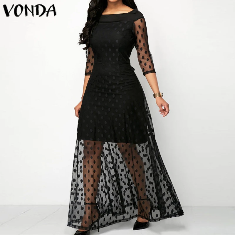 VONDA Summer Long Maxi Dress 2020 Women Sexy Hollow Out 3/4 Sleeve