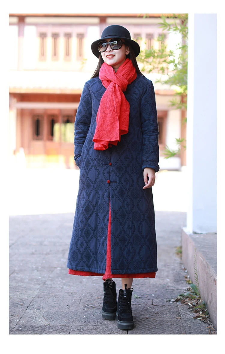 LZJN 2019 Winter Jacket Women Stand Collar Quilted Overcoat Long Chinese Parka Jacquard Autumn Coat Pocket Winterjas  (39)