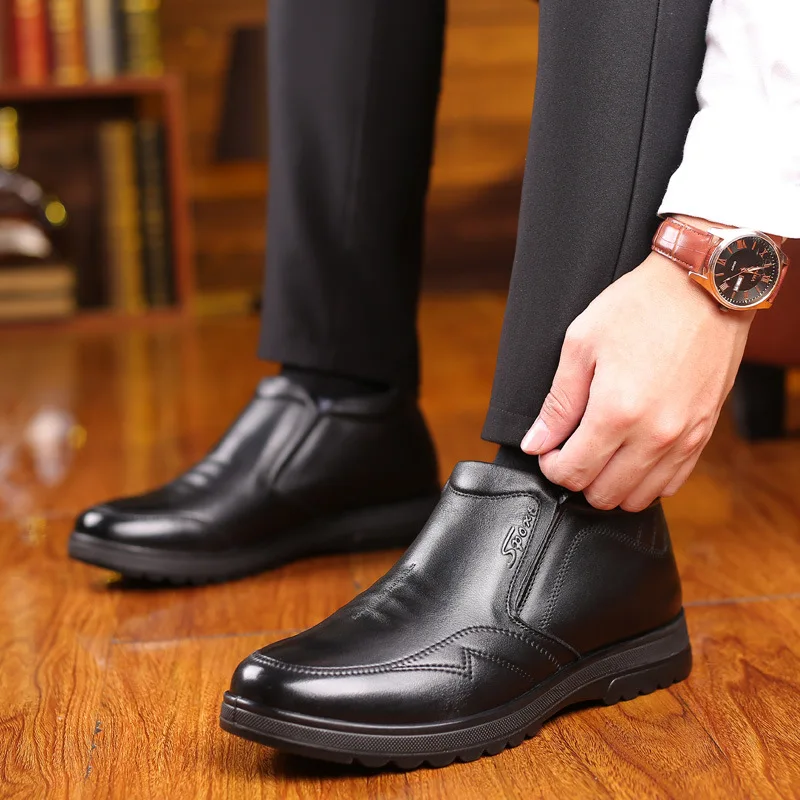 

Winter New Style Genuine Leather Shoes Dad plus Velvet Warm Full-grain Leather MEN'S SHOES Wool Casual Hight-top Men Cotton-padd