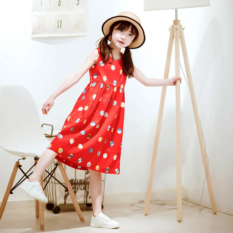 Summer Girls Dress Cotton Polka Dot Long Vest Frocks Big Girls Maxi Beach Sundress Korean Kids Clothes Children Boho Dress