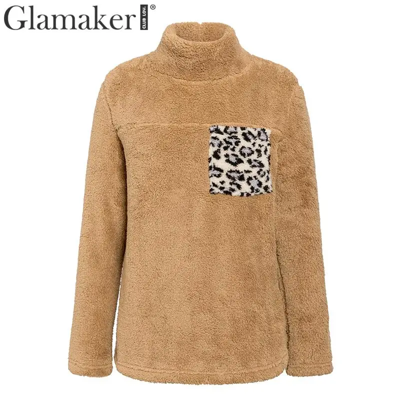 Glamaker Knitted solid color pullover Women long sleeve turtleneck pocket sweatshirt Female autumnwinter elegant warm sweatshirt