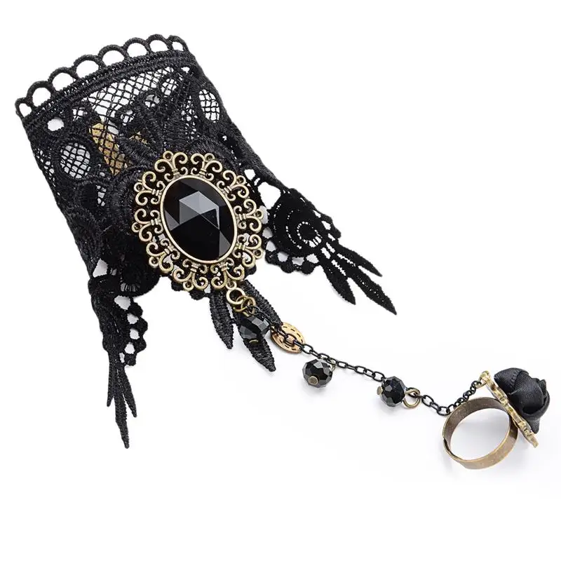 1pc Handmade Gothic Style Retro Lace Bracelet With Ring Wedding Wristband Decor Jewelry Accessories For Women Party Dress Up bracelet jewelry