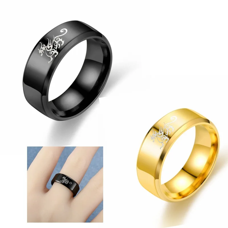 Ramos Cool Chinese Dragon Ring for Men Personalized Engraving 8mm Black Stainless Steel Punk Male Anel Gift for Him