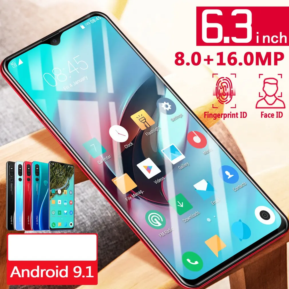 32 Гб мобильный телефон Android 6,3 дюймов дисплей капли воды Тройная камера отпечатков пальцев Лицо Id смартфон