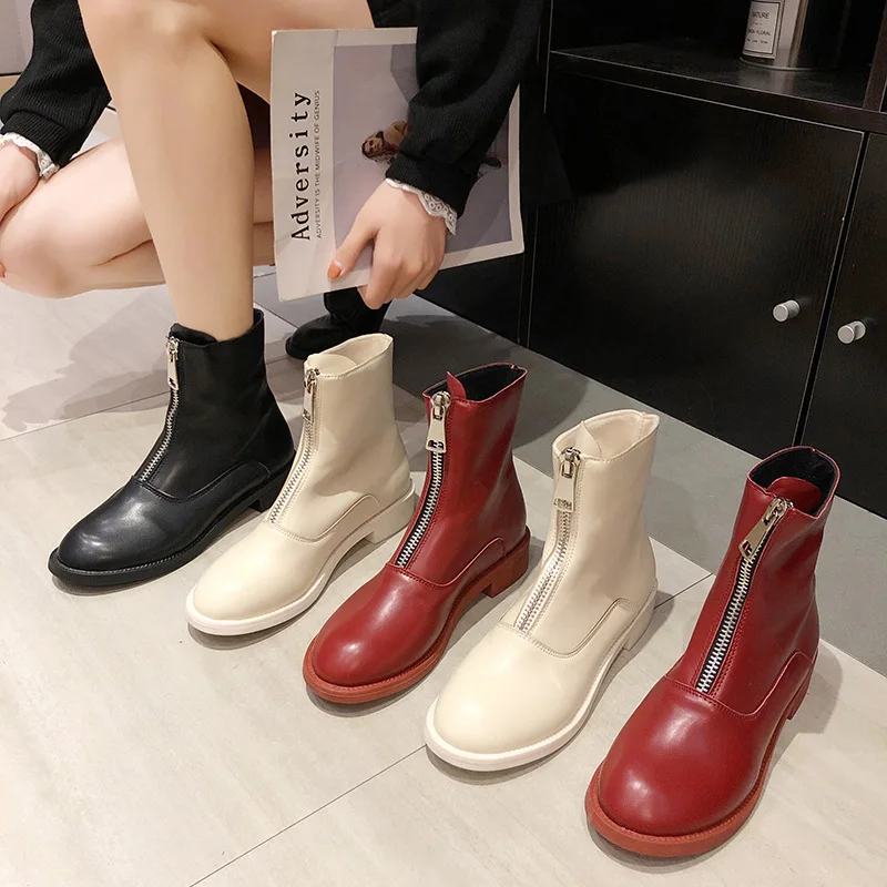 

Short Boots Women's 2019 Autumn New Style Thin Black Semi-high Heeled Chunky-Heel Slimming Online Celebrity Front Zipper British