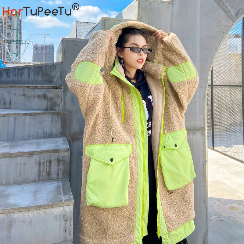 

Winter Women Long Teddy Coat Warm Faux Lamb Fur Jacket Plus Size Loose Zipper Colour Block Detachable Khaki Black Hooded Outwear