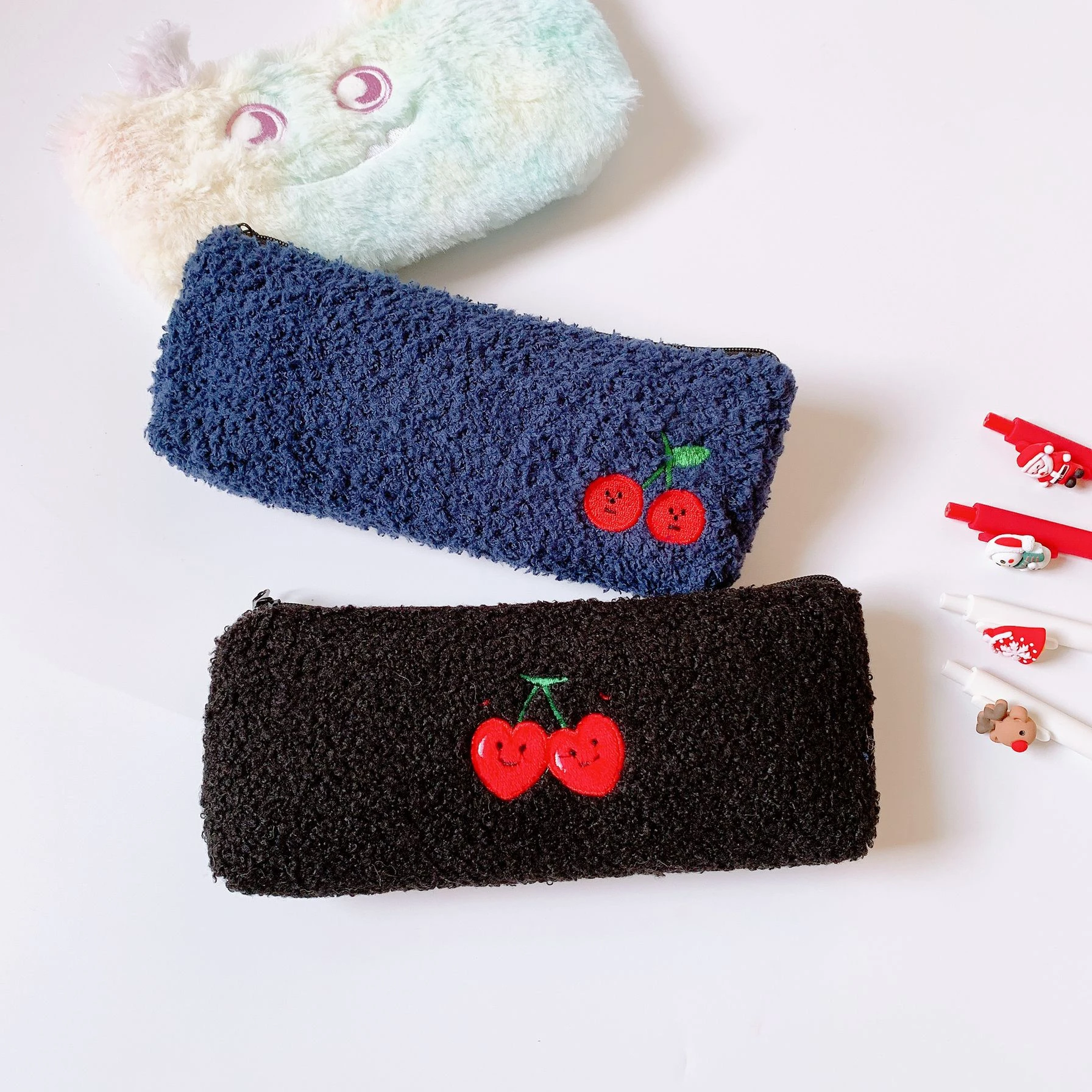 Estuches lápices con bordado de cereza de felpa de gran capacidad para la escuela, estuche de lápices Kawaii, Kits de bolsas, suministros de papelería|Bolsas para lápices| - AliExpress