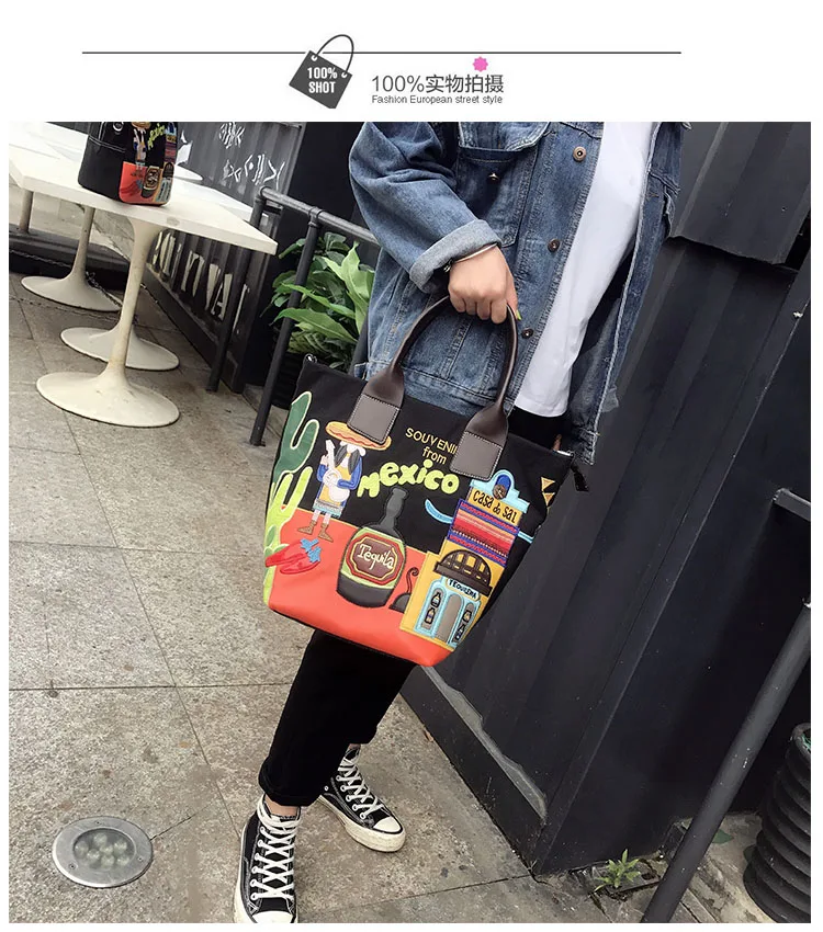 Creative Embroidery Bag Stitching Contrast Color Embroidery Korean Handbag New Canvas Bag Shoulder Diagonal Large Bag