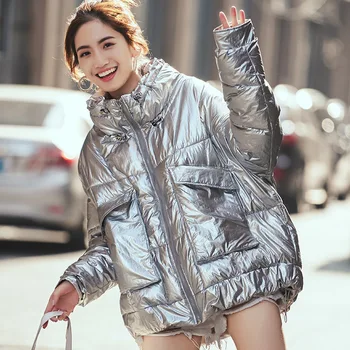 

Aulead Women's Autumn Winter Jackets Oversize Fluffy Stand Collar Down Jacket Women 2019 Bright Student Short Coat Loose Parka