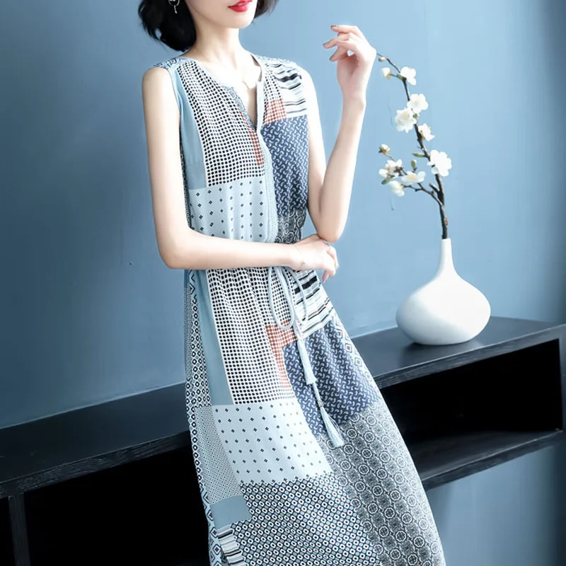 

Imitated Silk Fabric Dress Women's 2019 Summer New Style Printed V-neck Joint Sleeveless Important Faux sang can si qun