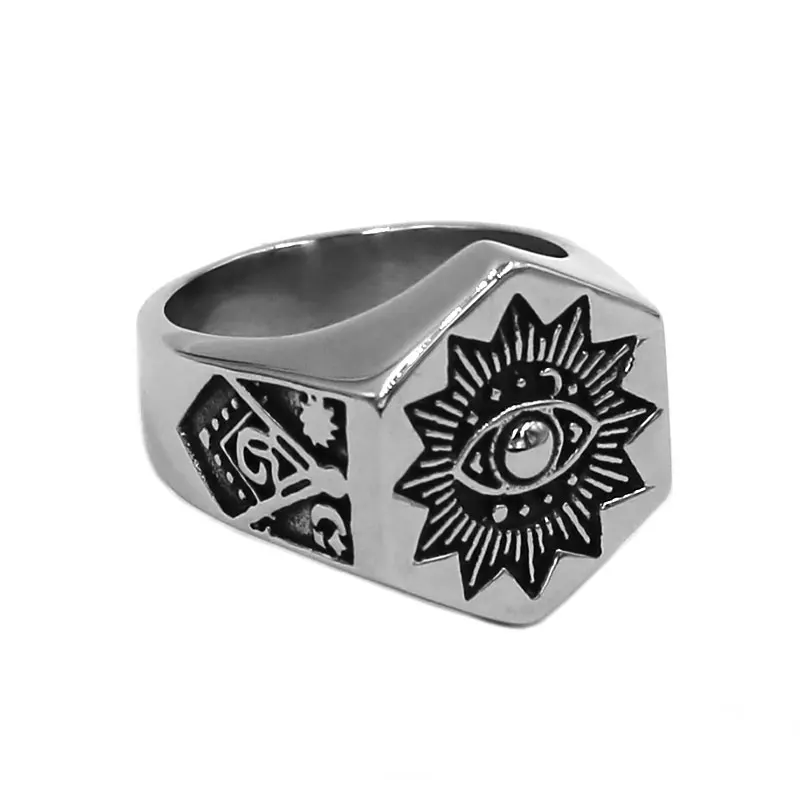 

Wholesale Illuminati Pyramid Eye Masonic Ring Stainless Steel Jewelry Sons Light Sun Moon Star Biker Men Ring SWR0931A