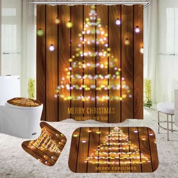 

4pcs Christmas Bathroom Decor Merry Christmas Tree Ornaments Bathroom Shower Curtain Toilet Lip Cover Anti-Slip Mats Bath Rugs