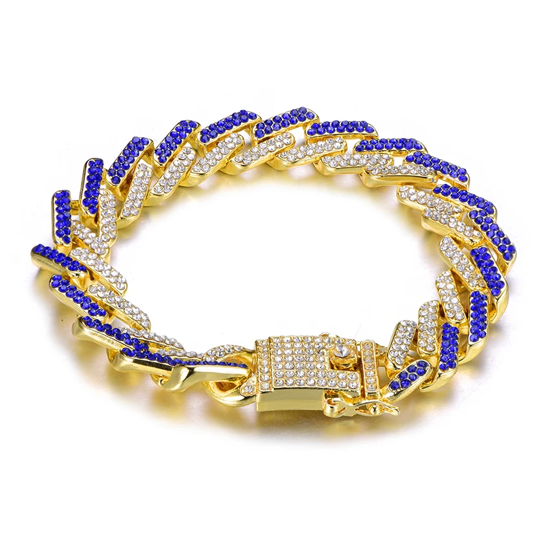 13 мм кубинская цепь Bling Iced Out браслет, полностью из стразов геометрический AAA CZ камень браслеты для мужчин хип-хоп ювелирные изделия - Окраска металла: Gold and Blue