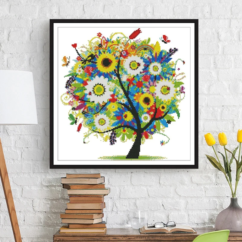 Joy Sunday Happiness tree colorful colors stitch kit 14CT pattern DMC Printed Chinese embroidery needlework Decorations for home