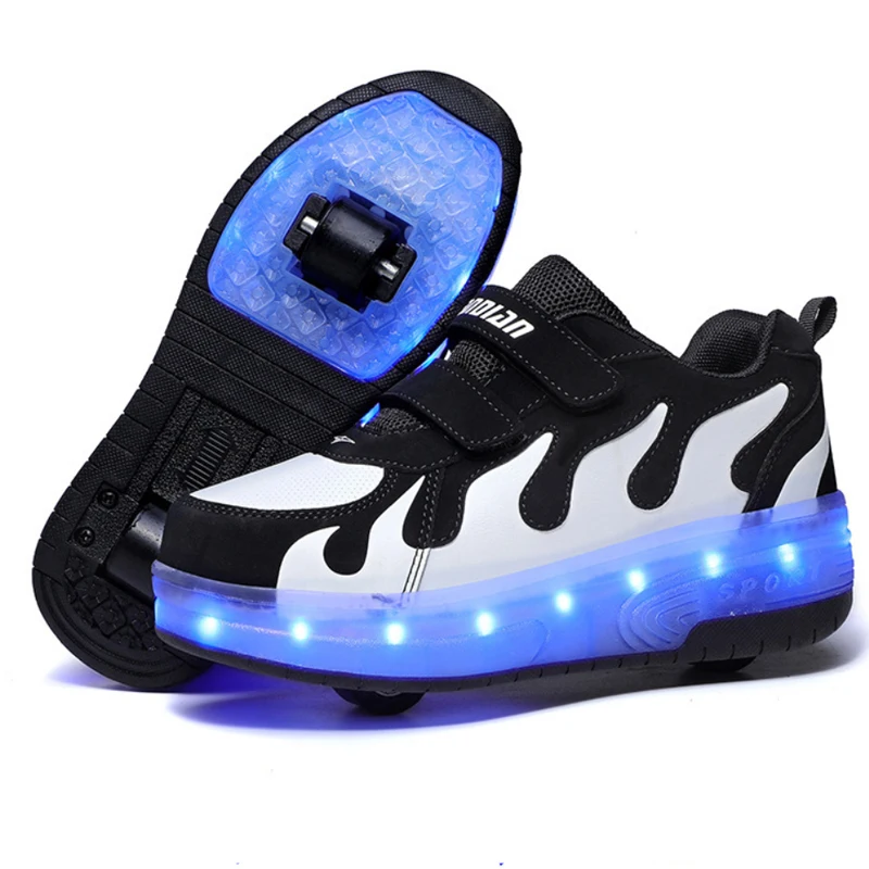 2022 New Glowing Sneakers on Wheels USB Charging Luminous Shoes with Rollers LED Flashing Double Wheels Roller Skates Size 28-40