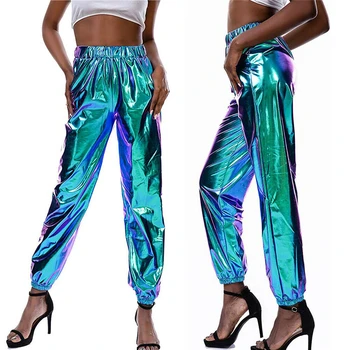 

Glittering Pants Women New 2020 Casual High Waist Pants Women Loose Solid Metallic Shiny Trousers Pockets Elastic Waist Bottoms