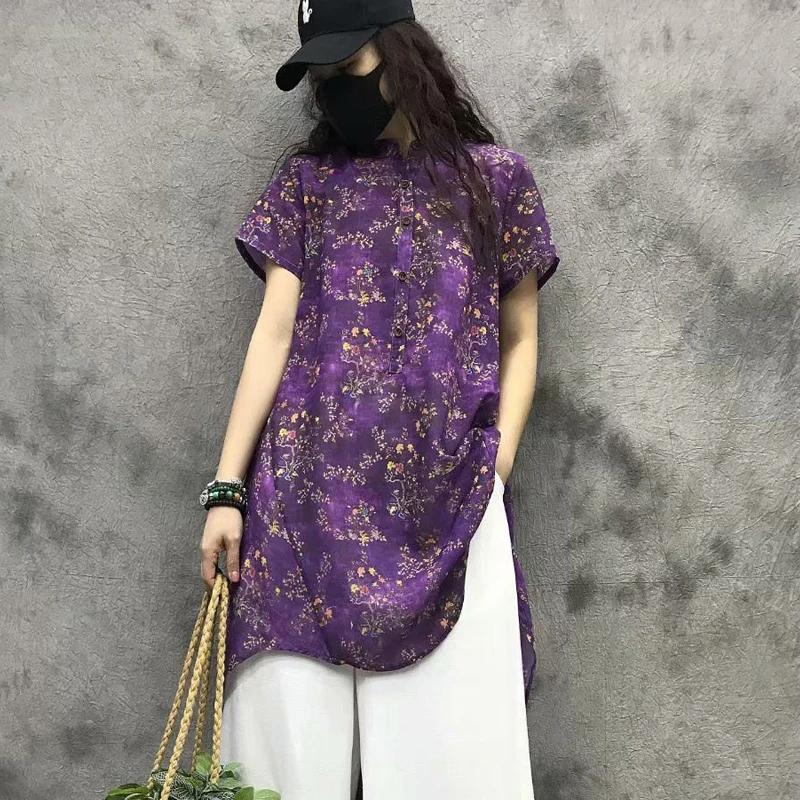 Женская Асимметричная длинная футболка Винтажная из рами с цифровым принтом и