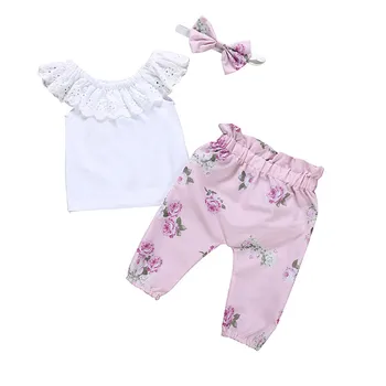 

Newborn Girls Clothing Sets T-shirt Pants Headban Kids Baby Girls Outfits Sleeveless Floral Shirt Tops+Floral Pants+Headband Set
