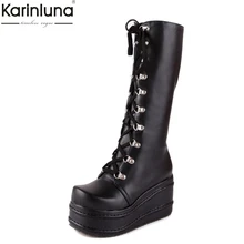 KarinLuna/Большие размеры 31-49; модные ботинки для костюмированной вечеринки в стиле панк; женская обувь; зимняя обувь на танкетке; женские сапоги до колена на высоком каблуке