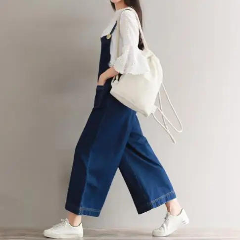 Wide Leg Jumpsuit With Pockets Autumn Summer Womens Rompers Plus Size Jumpsuits Mori Girl Denim Overalls Women AE500