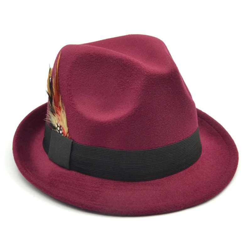 HT3037BY Мужчины Женщины жесткий фетр перо группа Трилби джаз шляпа Sunhat - Цвет: HT3037BY