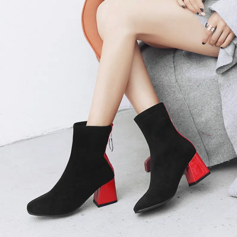 

Hot Sale Mixed Color Ankle Boots Women 6.5cm High Heels Stretchable Autumn Winter Boots Female Shoes Woman Size 32 48
