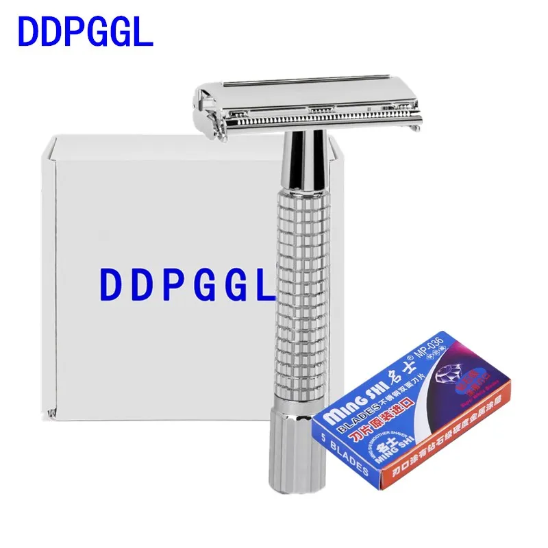 

DDPGGL Men Double Shaver Classic Safety Razor with 5 Blades Silver Plated Epilator Straight Shaving Razor Hair Removal