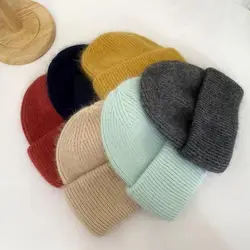 Winter Real Rabbit Fur Knitted Women's Beanie Hat Fashion Wool Warm Skull Women's Color -fold Hat Hat Cashmere Thick U4v9