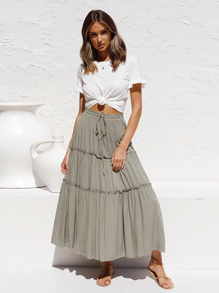 Solid Patchwork Ruffles Skirt Women Summer Pleated Elastic Lace-Up Casual A-Line Midi Bohe Skirt Streetwear  Y2K Skirts Falda japanese mine butterfly braid buckle leather ring slim waist short   skirt women s high waist ruffles pleated skirt culottes