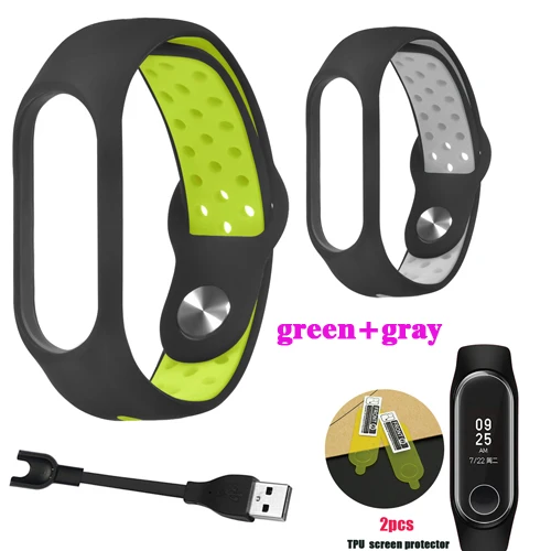 green-gray YHNUJM 2pcs Screen film Protector+USB Charging Cable+Mi Band 3 Wrist Straps For Xiaomi Mi Band 3 Smart Wristband - Цвет: green-gray