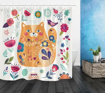 

Colorful Cartoon Pattern Cat Flowers Waterproof Fabric Shower Curtain