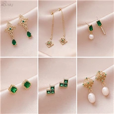 AOMU-Korean-Vintage-Green-Crystal-Zircon-Leaf-Pearl-Round-Charm-Hollow-Metal-Lace-Flower-Square-Stud