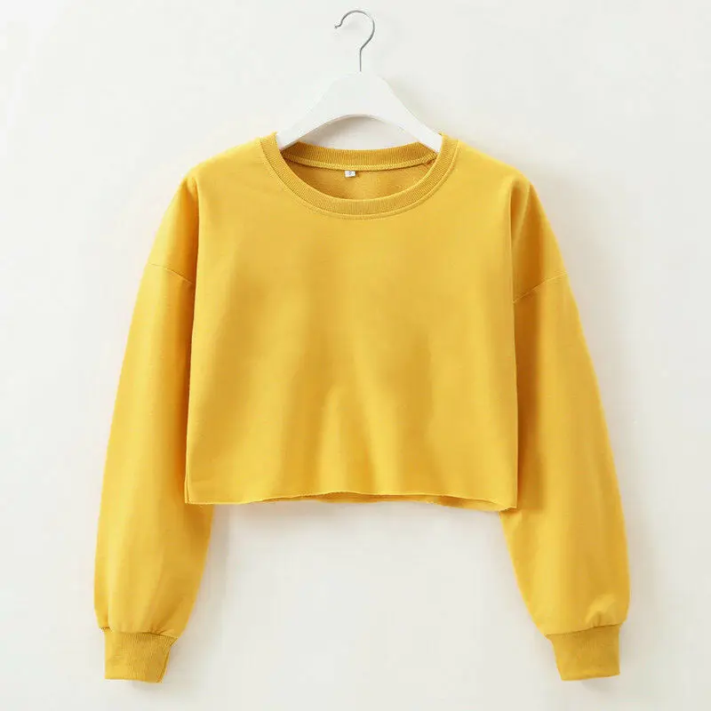 Strretwear Женская модная Повседневная Толстовка с длинным рукавом, однотонный свободный джемпер, укороченный топ, пуловеры - Цвет: Цвет: желтый