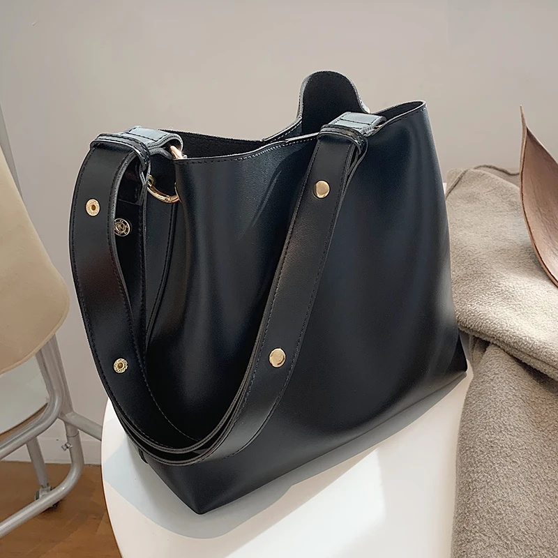 2021 Fashion Designer PU Leather Women's Handbags Large Capacity Casual Ladies Tote Female Black Bucket Women Shoulder Hand Bag