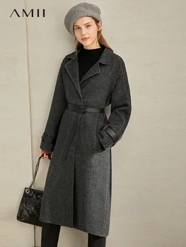 

Amii Winter Women Fashion Wool Coat Elegant Female Solid Belt Long Sleeve Smli Fit Long Jacket Overcoat 11920671